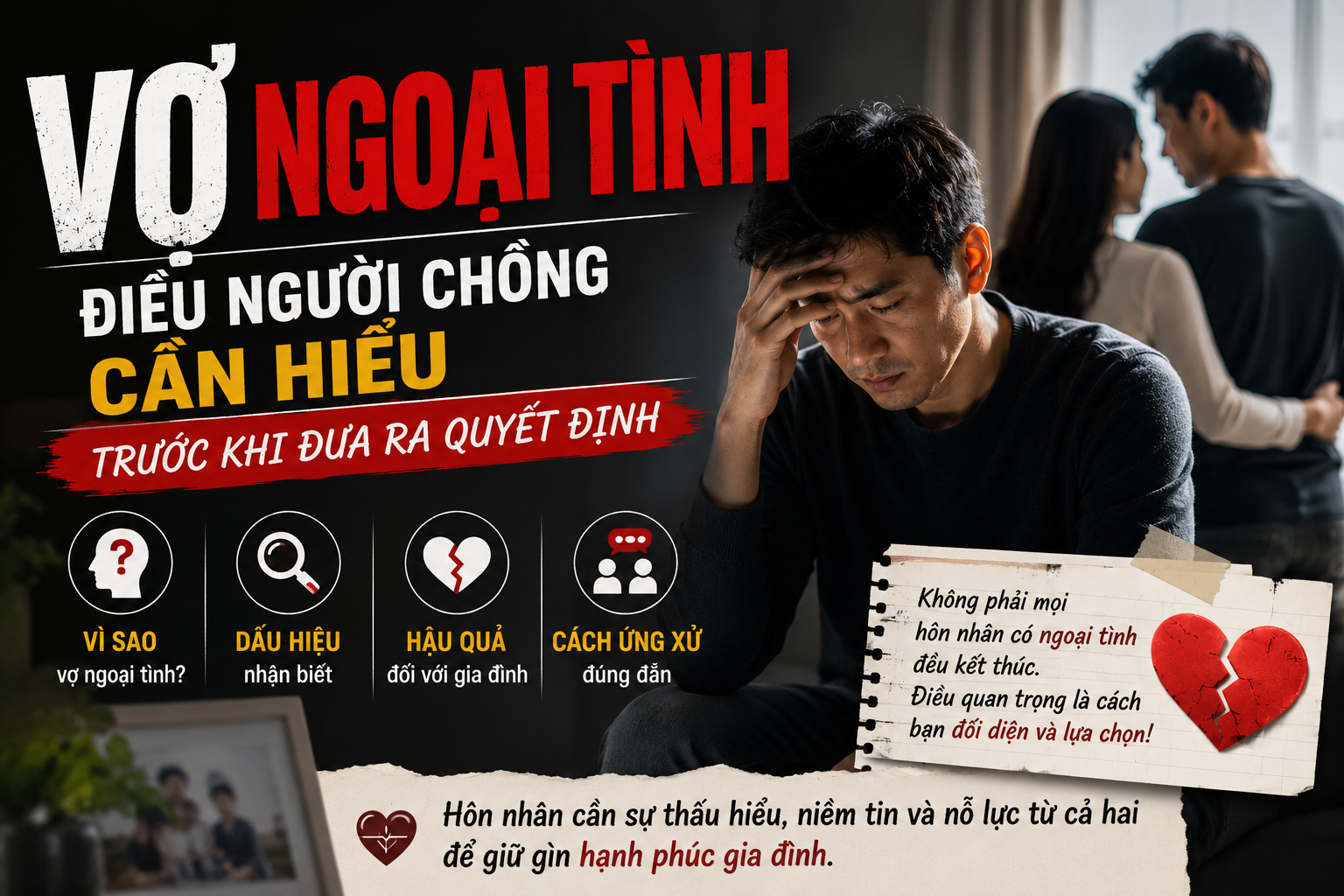 Vợ ngoại tình là cú sốc lớn đối với nhiều gia đình. Tìm hiểu nguyên nhân, dấu hiệu, hậu quả và cách ứng xử đúng đắn để bảo vệ hạnh phúc gia đình và niềm tin trong hôn nhân.
