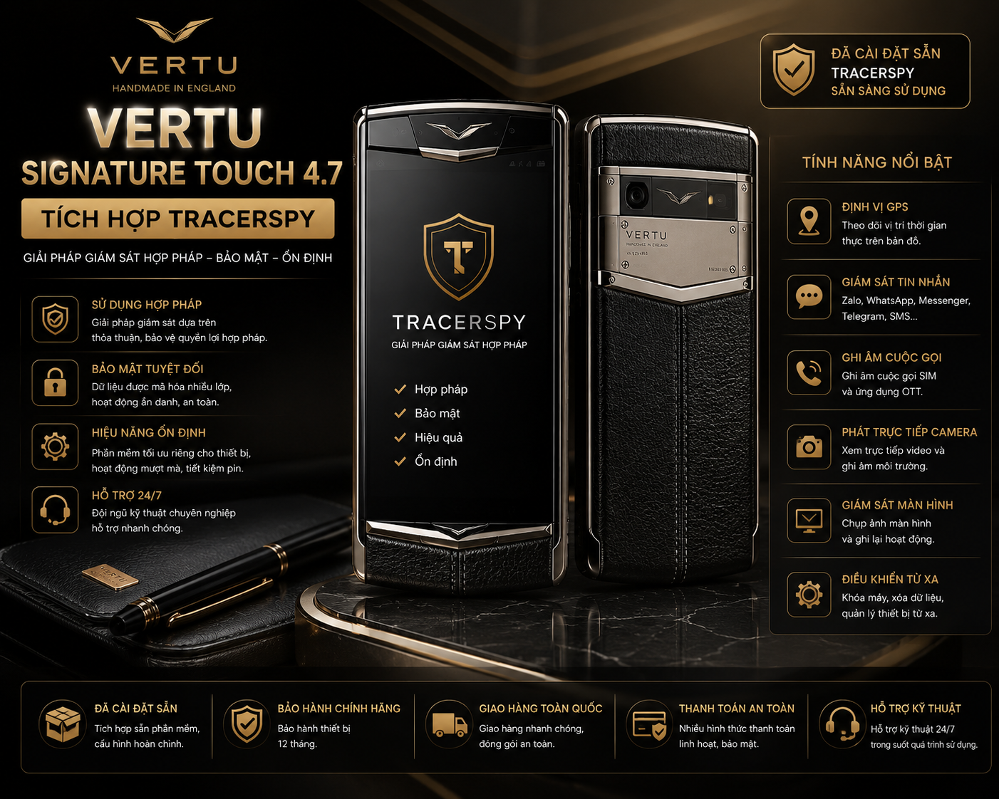 Vertu Signature Touch 4.7 tích hợp TracerSpy hỗ trợ định vị GPS và quản lý thiết bị từ xa