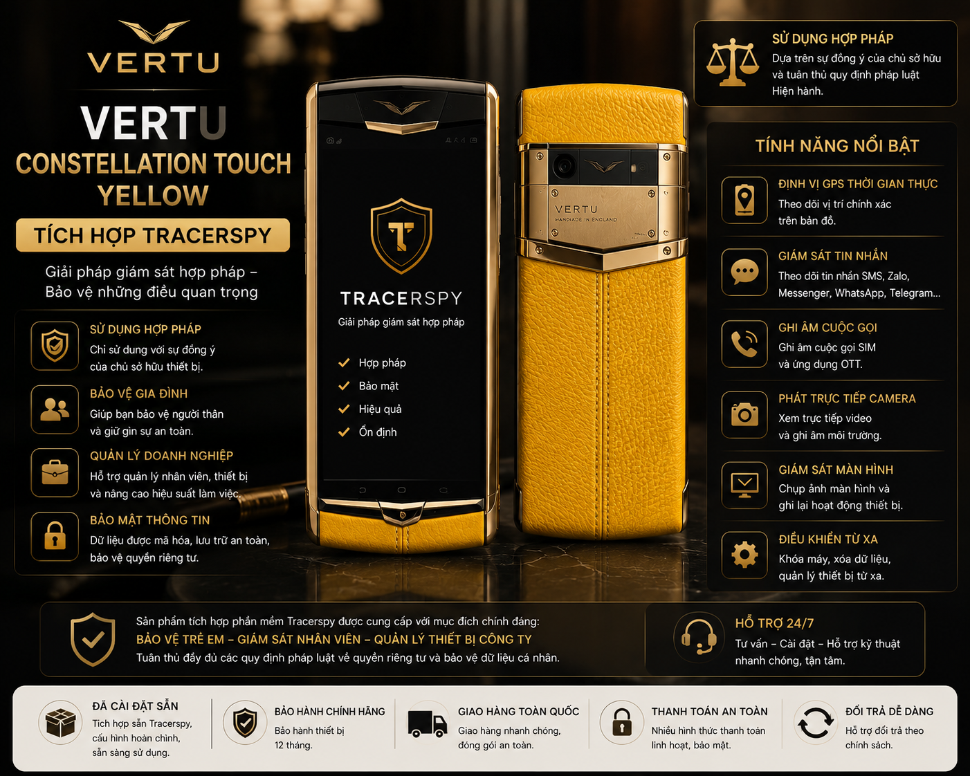 Vertu Constellation Touch Yellow tích hợp TracerSpy hỗ trợ định vị GPS và quản lý thiết bị hợp pháp