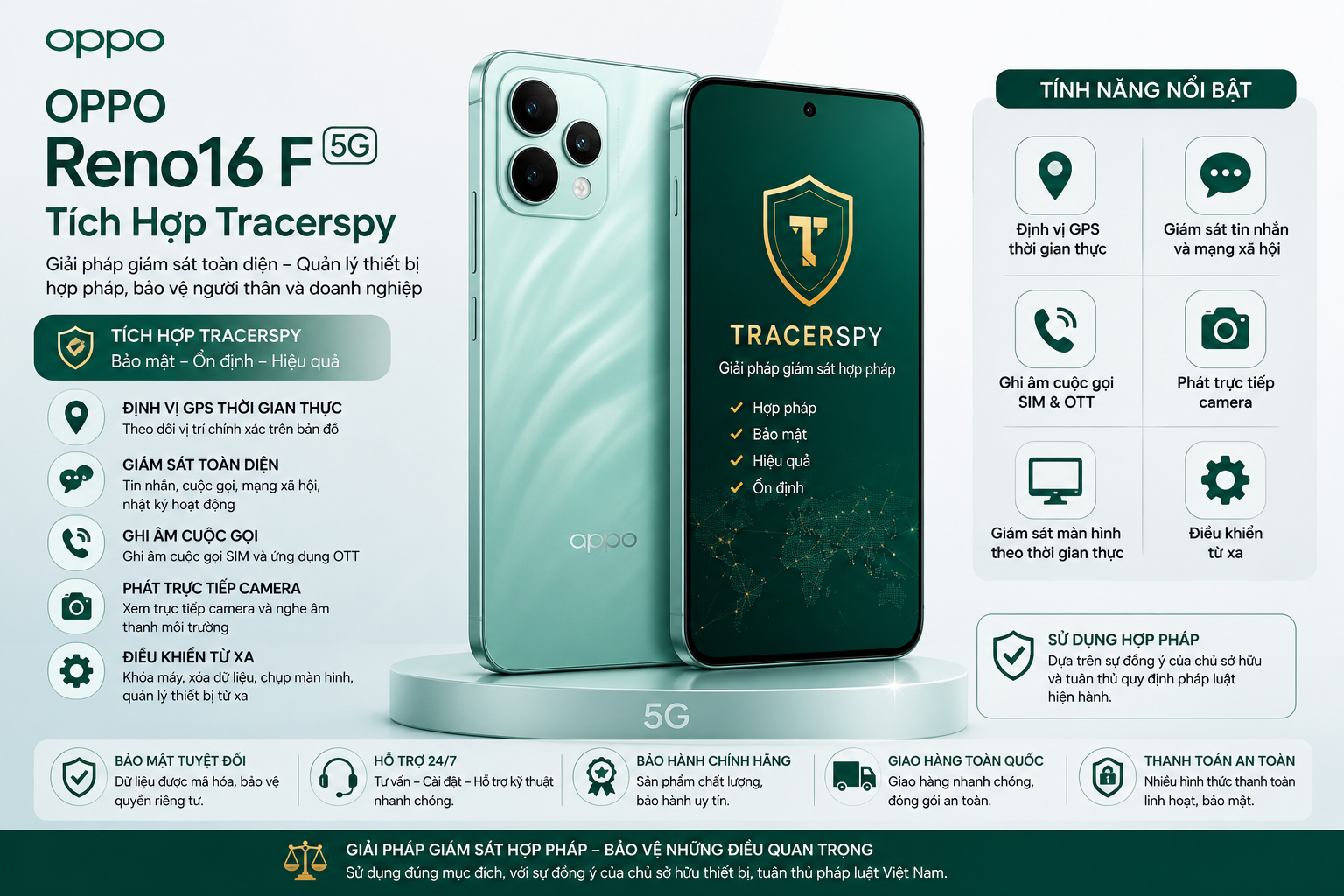 OPPO Reno16 F 5G tích hợp TracerSpy hỗ trợ định vị GPS và quản lý thiết bị hợp pháp