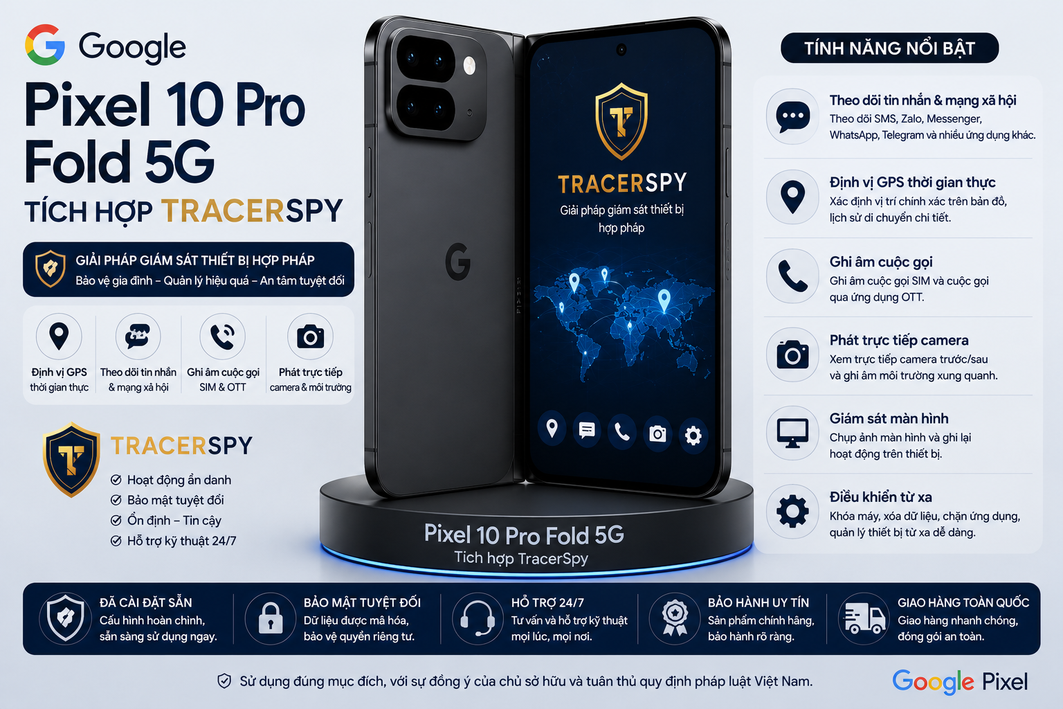 Google Pixel 10 Pro Fold 5G tích hợp TracerSpy hỗ trợ định vị GPS và quản lý thiết bị hợp pháp