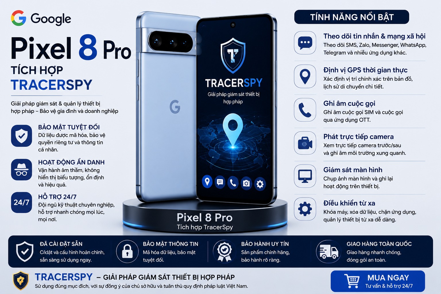 Google Pixel 8 Pro tích hợp TracerSpy hỗ trợ định vị GPS và quản lý thiết bị hợp pháp