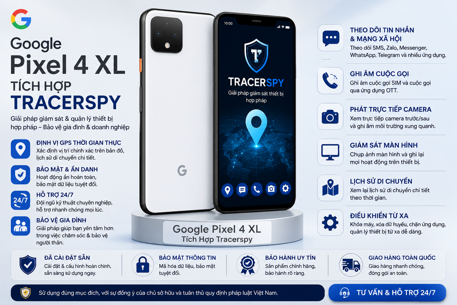 Google Pixel 4 XL tích hợp TracerSpy hỗ trợ định vị GPS và quản lý thiết bị hợp pháp