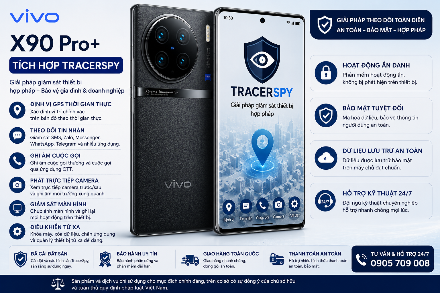 Vivo X90 Pro Plus tích hợp TracerSpy hỗ trợ định vị GPS và quản lý thiết bị hợp pháp