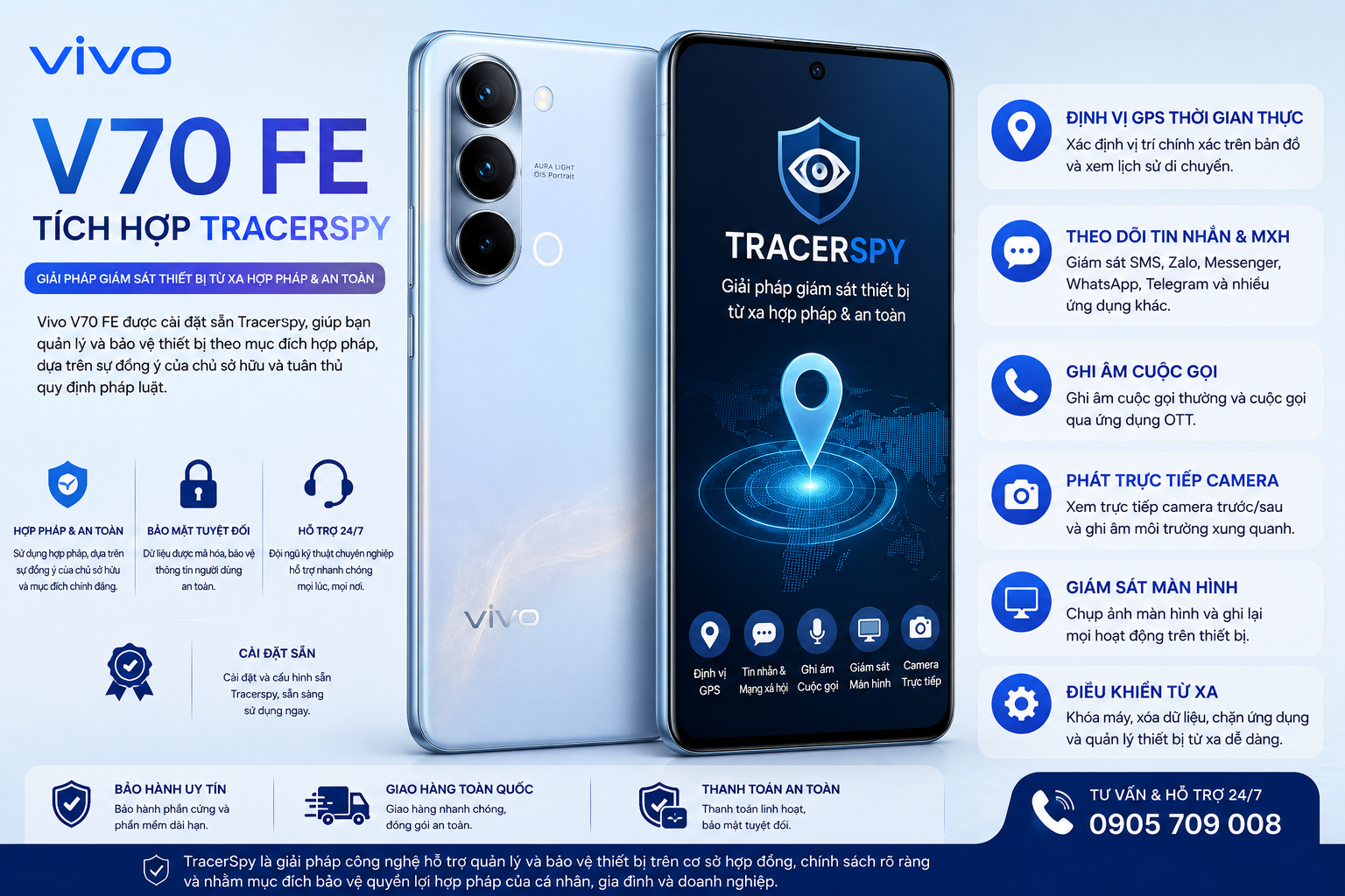 Vivo V70 FE tích hợp TracerSpy hỗ trợ định vị GPS và quản lý thiết bị hợp pháp
