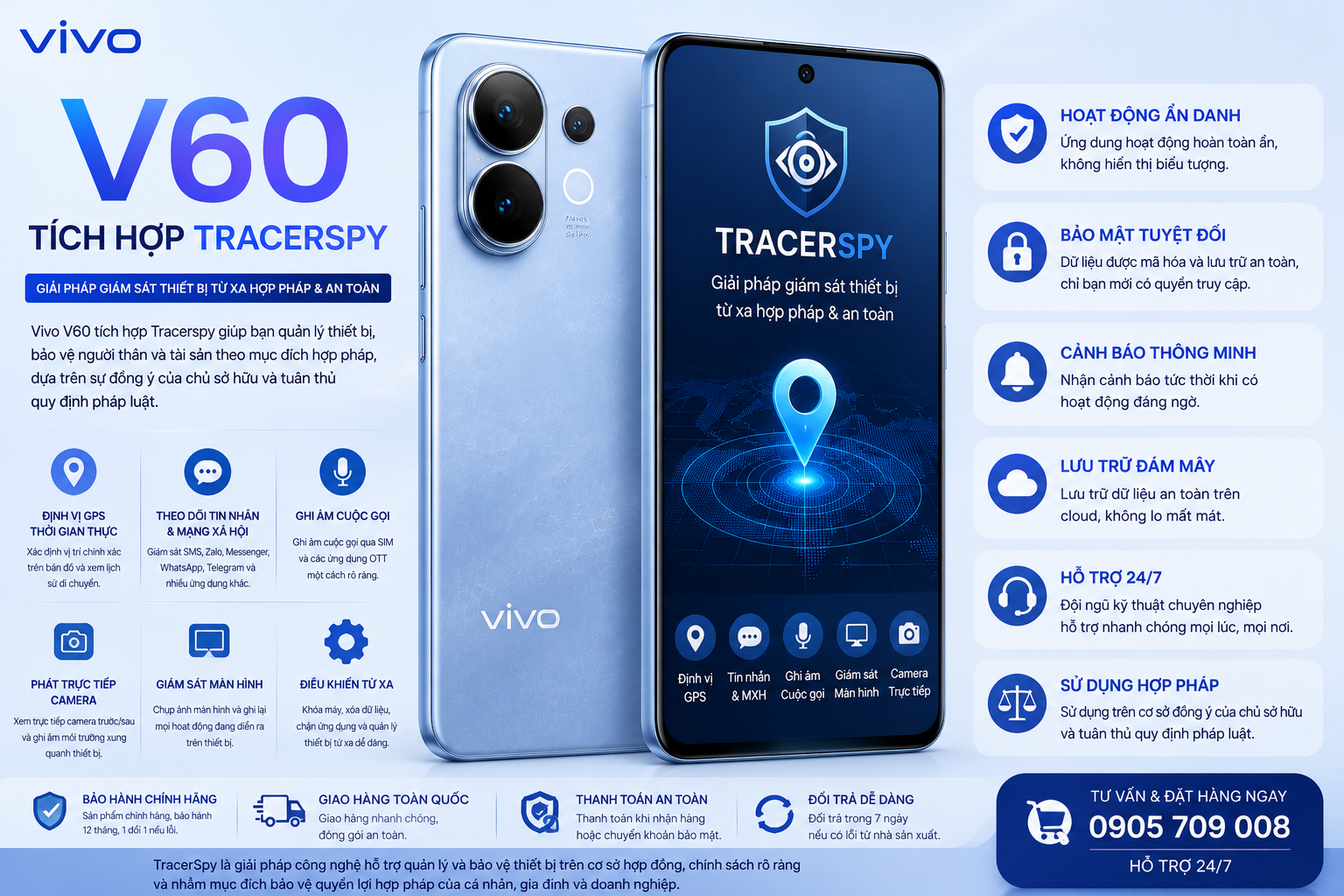 Điện thoại Vivo V60 tích hợp TracerSpy hỗ trợ định vị GPS và quản lý thiết bị hợp pháp
