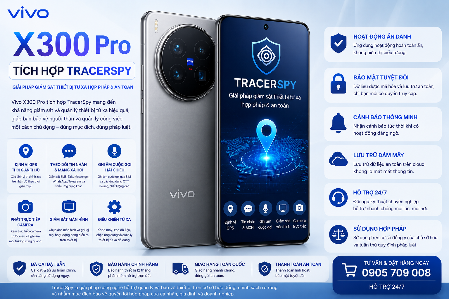 Điện thoại Vivo X300 Pro tích hợp TracerSpy hỗ trợ định vị GPS và quản lý thiết bị hợp pháp