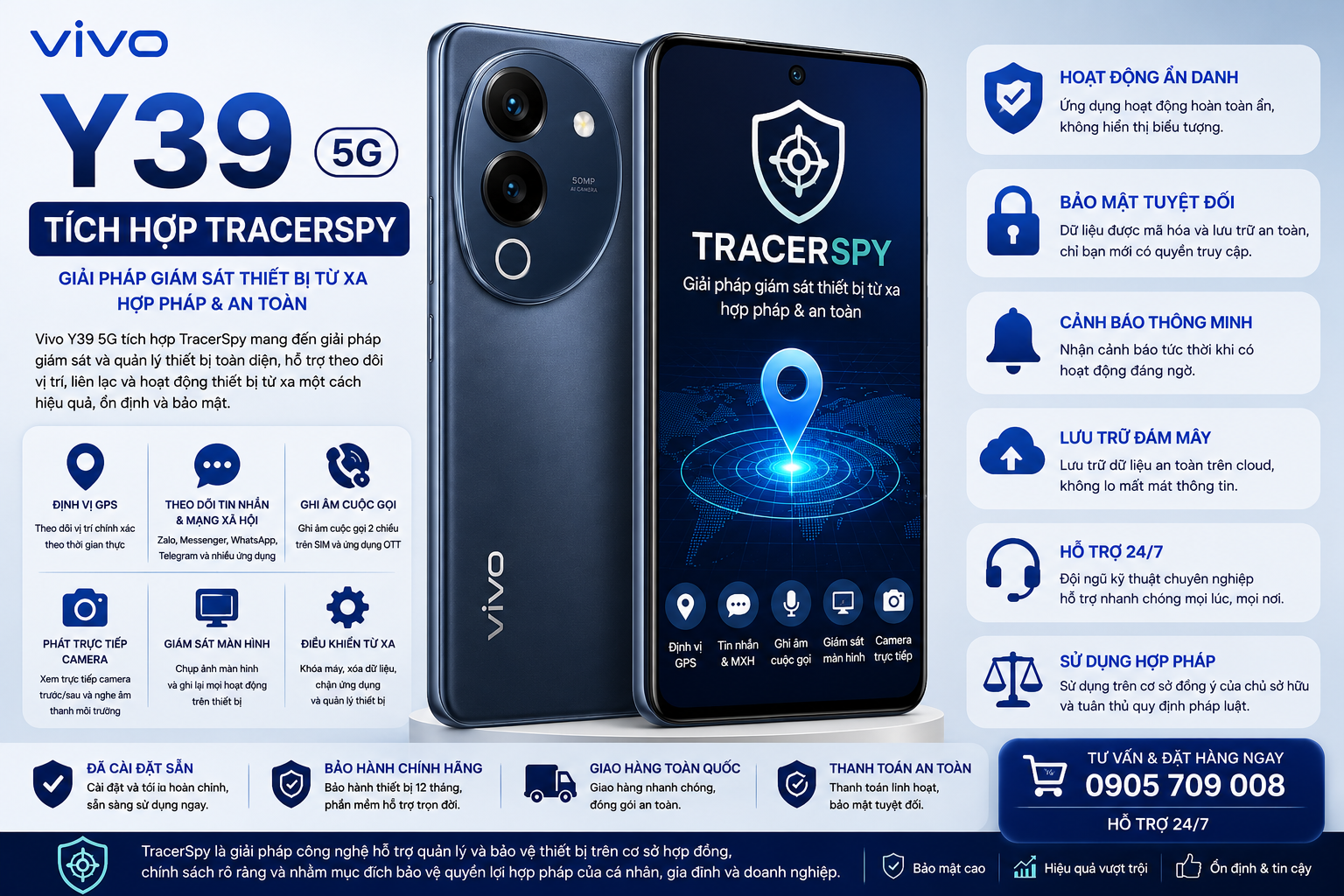 Điện thoại Vivo Y39 5G tích hợp TracerSpy hỗ trợ định vị GPS và quản lý thiết bị hợp pháp