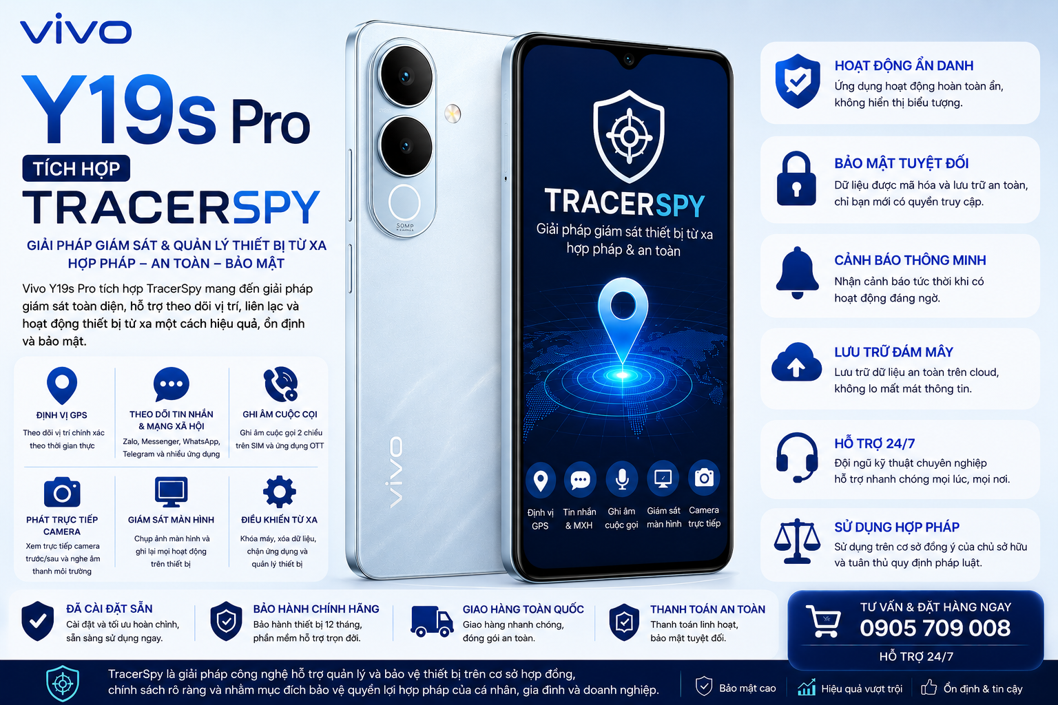 Điện thoại Vivo Y19s Pro tích hợp TracerSpy hỗ trợ định vị GPS và quản lý thiết bị hợp pháp