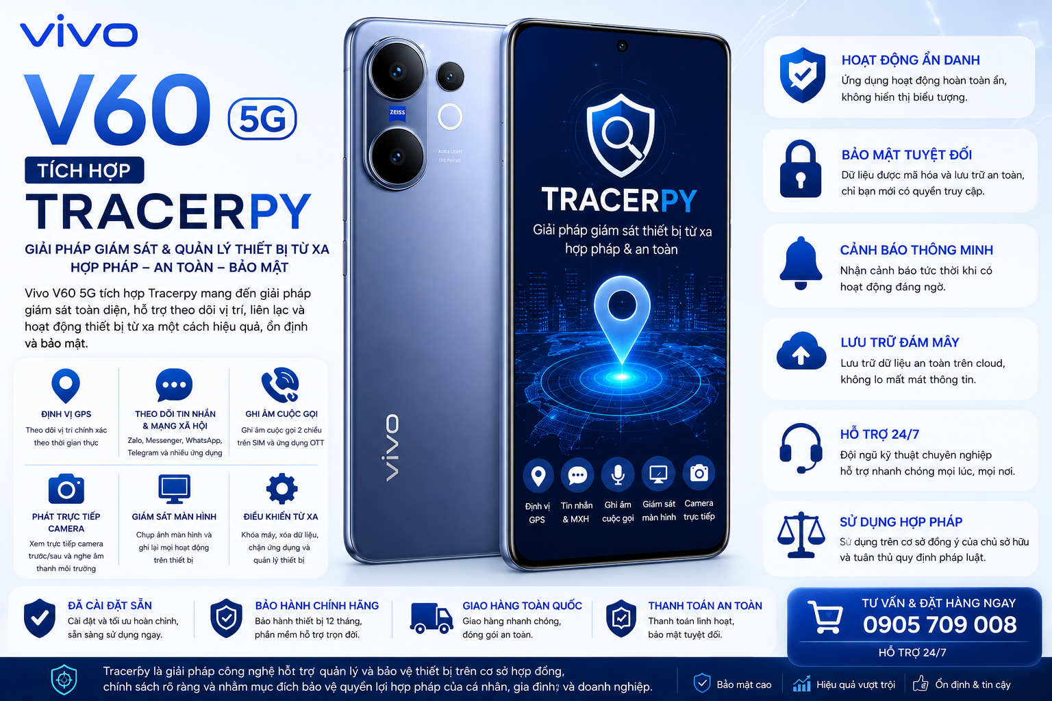 Điện thoại Vivo V60 5G tích hợp TracerSpy hỗ trợ định vị GPS và quản lý thiết bị hợp pháp
