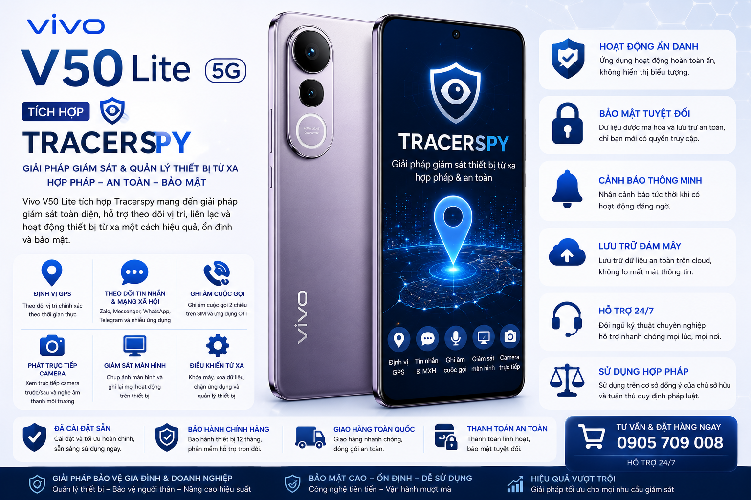 Điện thoại Vivo V50 Lite tích hợp TracerSpy hỗ trợ định vị GPS và quản lý thiết bị hợp pháp