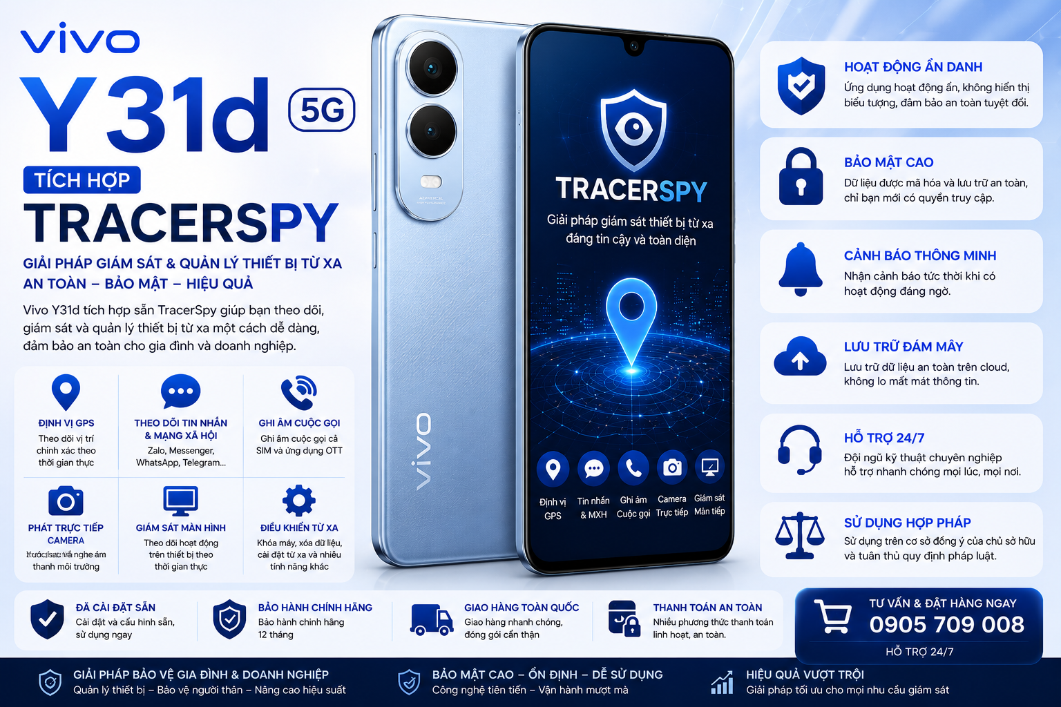 Điện thoại Vivo Y31d tích hợp TracerSpy hỗ trợ định vị GPS và quản lý thiết bị hợp pháp