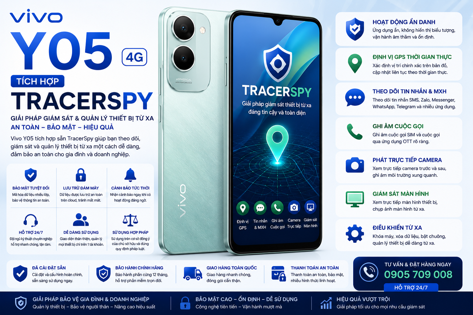 Điện thoại Vivo Y05 tích hợp TracerSpy hỗ trợ định vị GPS và quản lý thiết bị hợp pháp