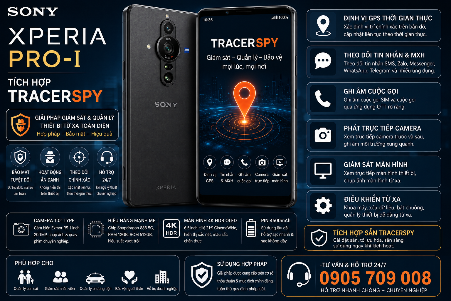 Điện thoại Sony Xperia Pro-I tích hợp TracerSpy hỗ trợ định vị GPS và quản lý thiết bị hợp pháp