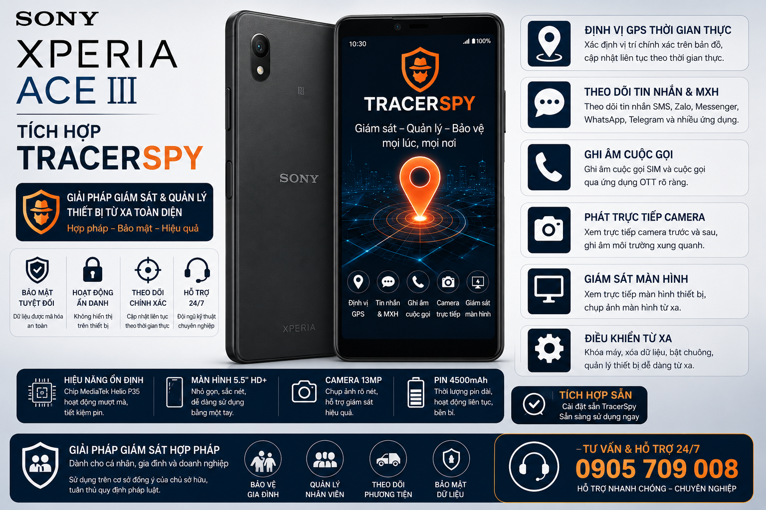 Điện thoại Sony Xperia ACE III tích hợp TracerSpy hỗ trợ định vị GPS và quản lý thiết bị hợp pháp