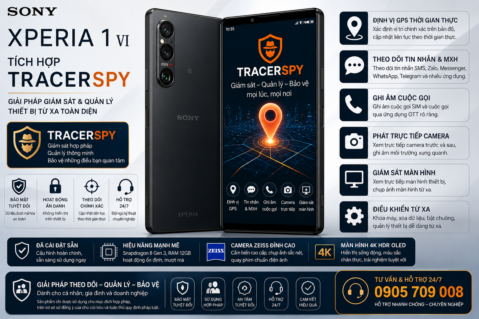 Điện thoại Sony Xperia 1 VI tích hợp TracerSpy hỗ trợ định vị GPS và quản lý thiết bị hợp pháp