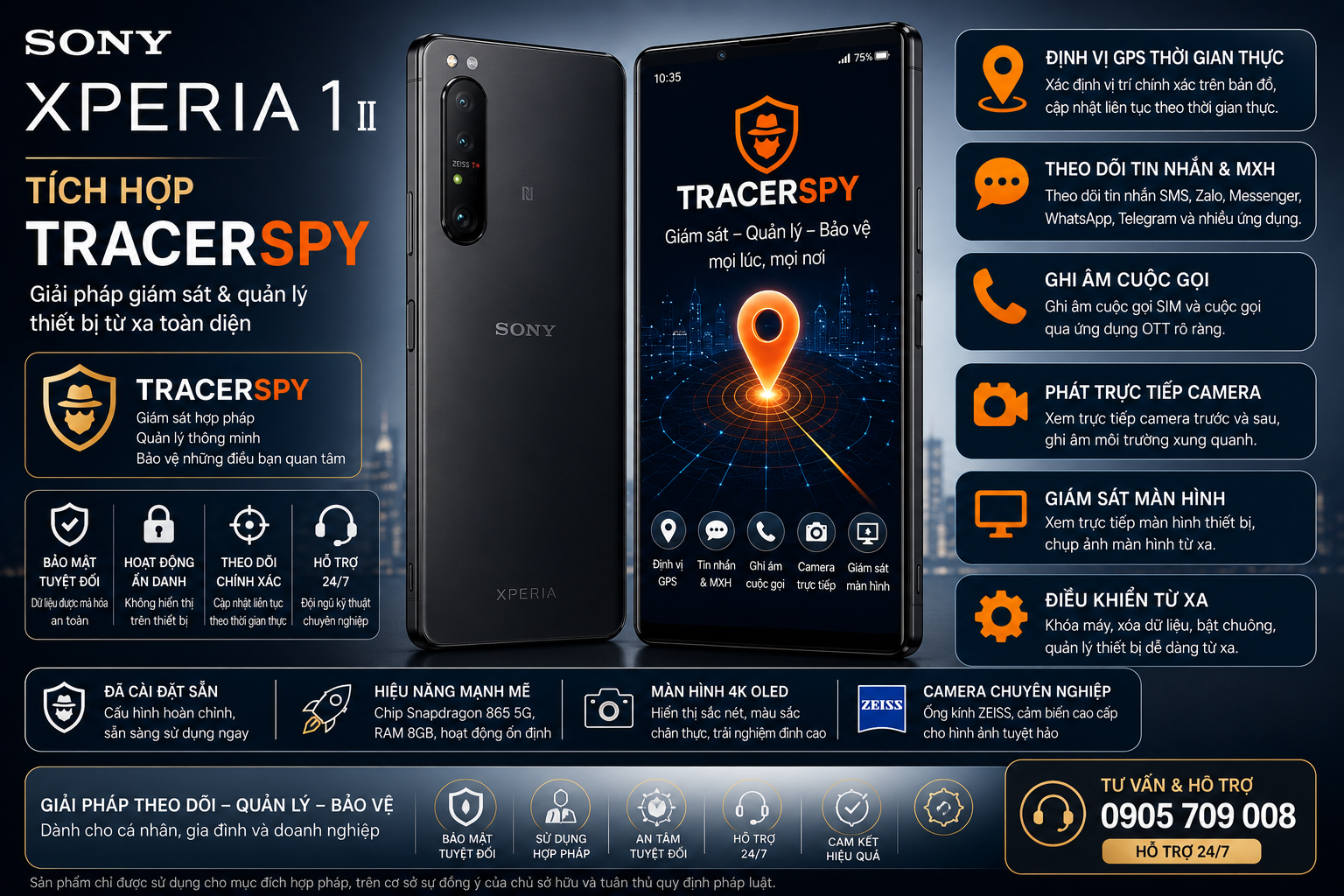 Điện thoại Sony Xperia 1 II tích hợp TracerSpy hỗ trợ định vị GPS và quản lý thiết bị hợp pháp