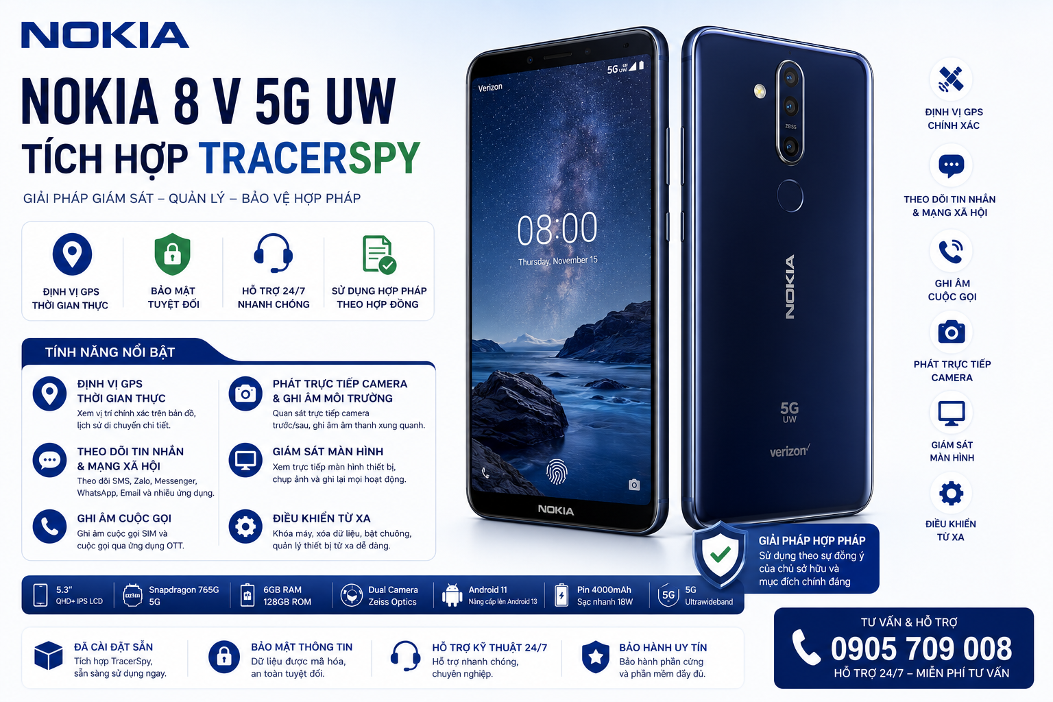 Điện thoại Nokia 8 V 5G UW tích hợp TracerSpy hỗ trợ định vị GPS và quản lý thiết bị hợp pháp