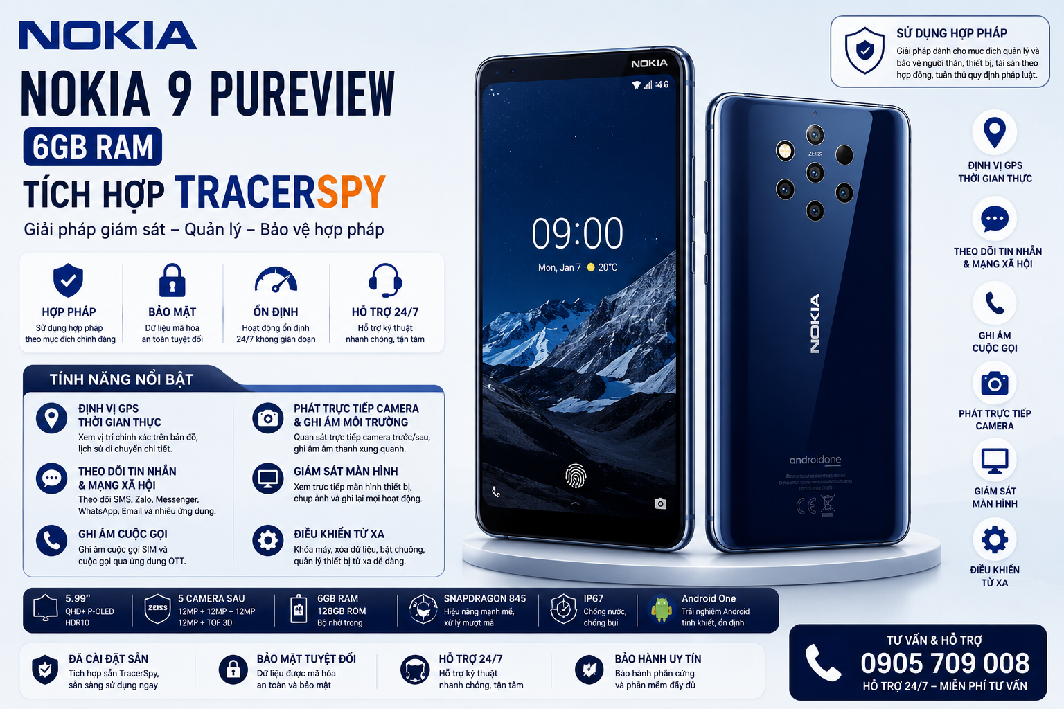 Điện thoại Nokia 9 PureView 6GB tích hợp TracerSpy hỗ trợ định vị GPS và quản lý thiết bị hợp pháp