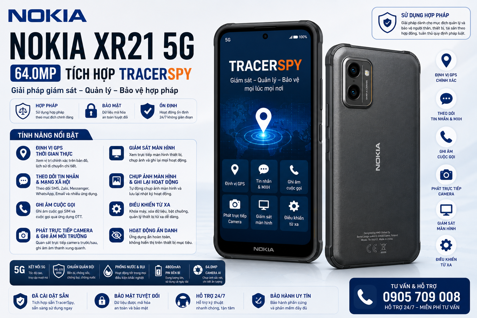 Điện thoại Nokia XR21 5G 64.0MP tích hợp TracerSpy hỗ trợ định vị GPS và quản lý thiết bị hợp pháp