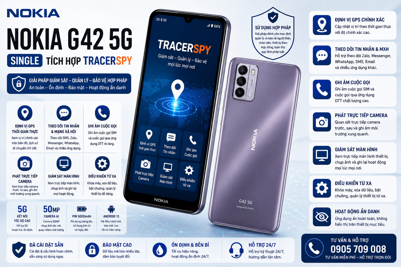 Điện thoại Nokia G42 5G Single tích hợp TracerSpy hỗ trợ định vị GPS và quản lý thiết bị hợp pháp