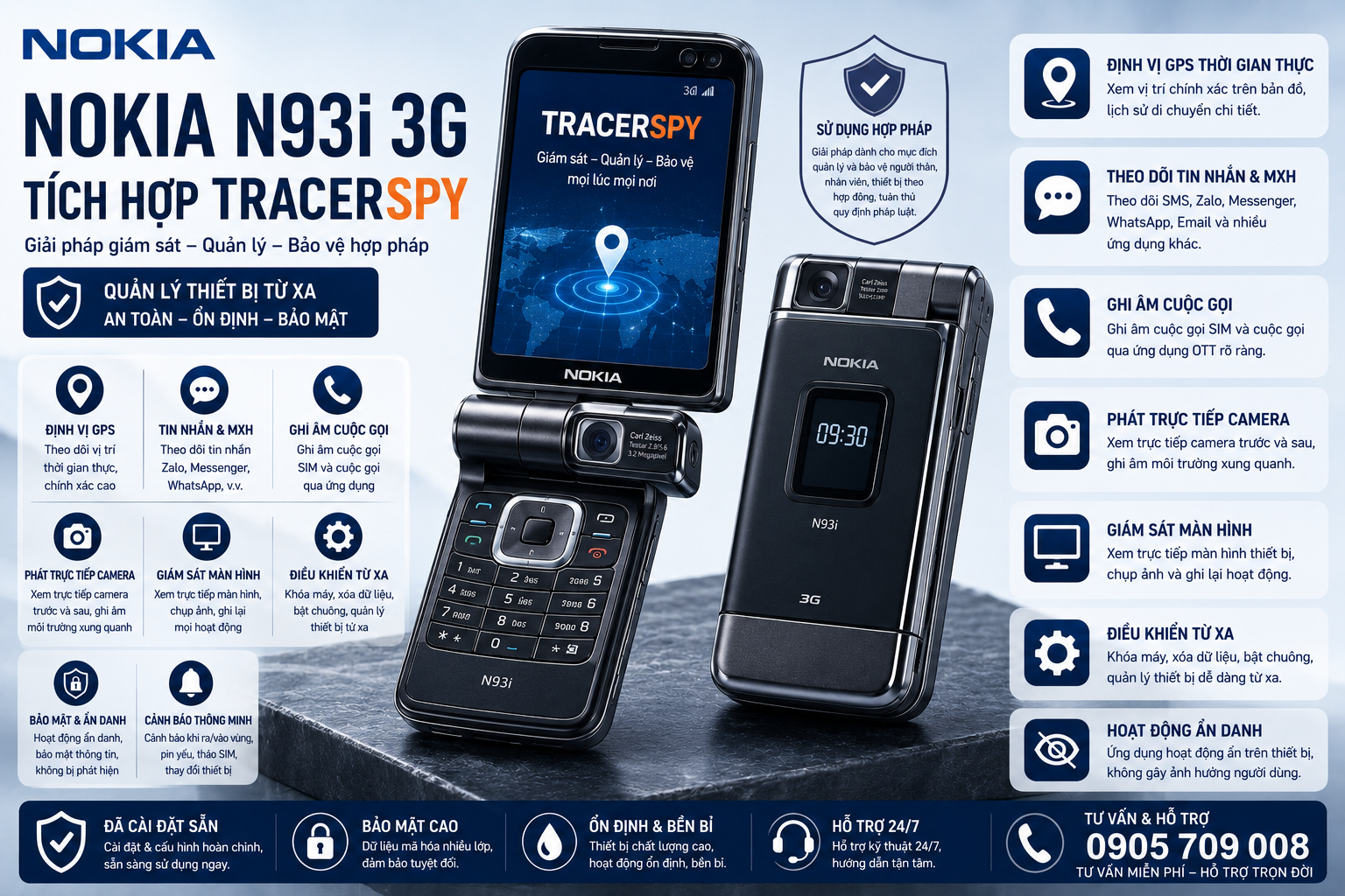 Điện thoại Nokia N93i 3G tích hợp TracerSpy hỗ trợ định vị GPS và quản lý thiết bị hợp pháp