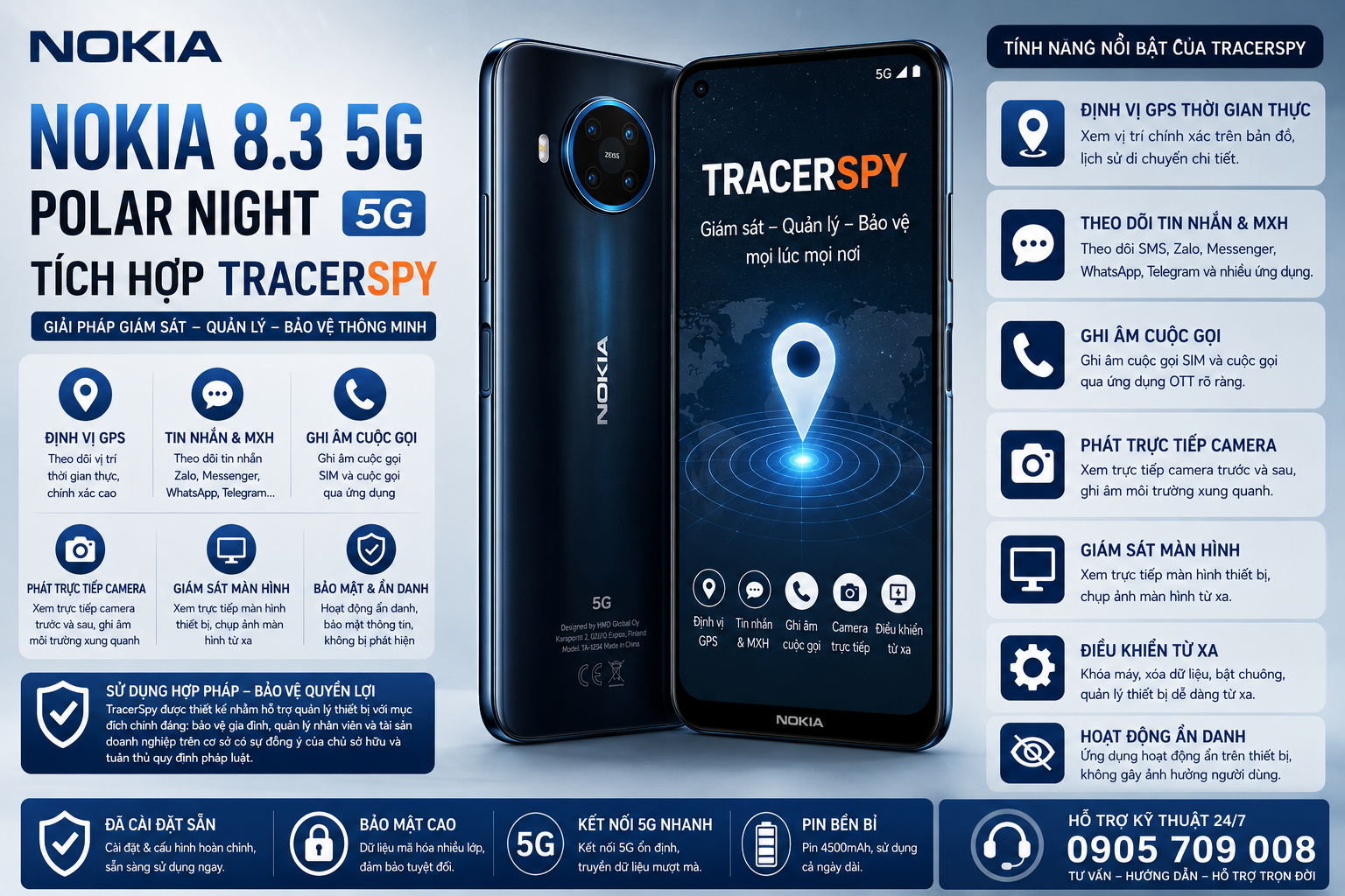 Điện thoại Nokia 8.3 5G Polar Night tích hợp TracerSpy hỗ trợ định vị GPS và quản lý thiết bị hợp pháp