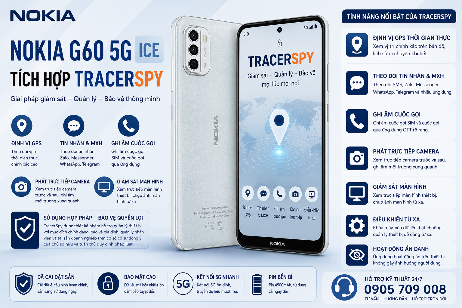 Điện thoại Nokia G60 5G Ice tích hợp TracerSpy hỗ trợ định vị GPS và quản lý thiết bị hợp pháp