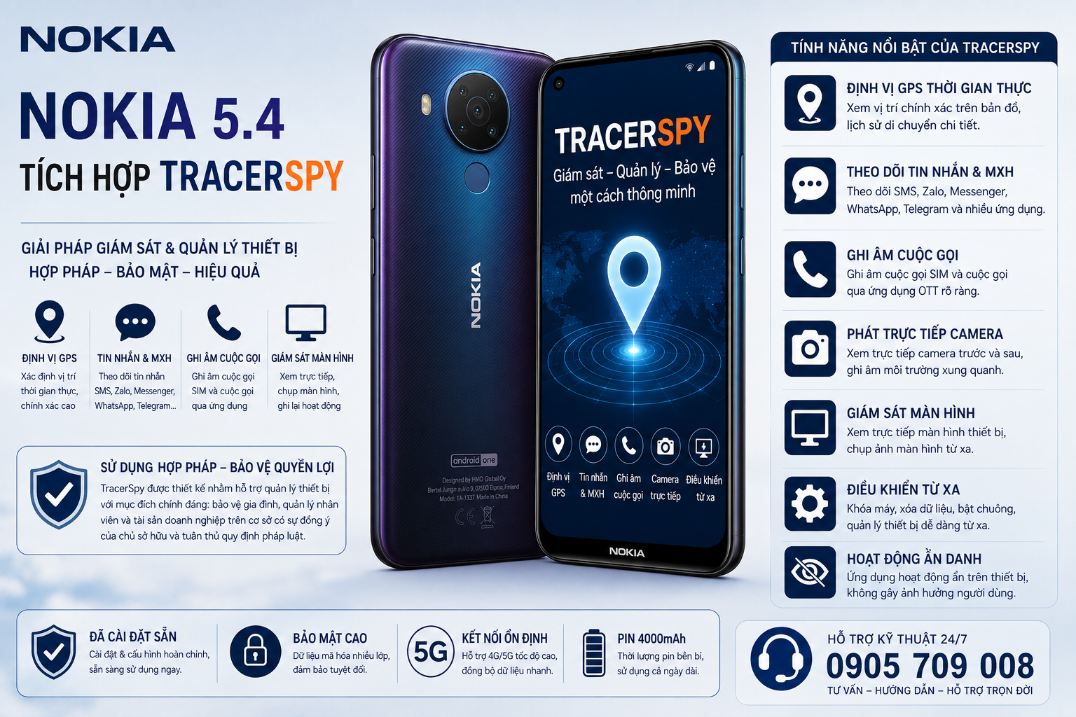 Điện thoại Nokia 5.4 tích hợp TracerSpy hỗ trợ định vị GPS và quản lý thiết bị hợp pháp