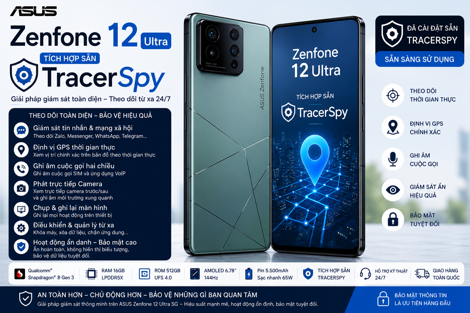 ASUS Zenfone 12 Ultra tích hợp TracerSpy hỗ trợ theo dõi thời gian thực và định vị GPS.