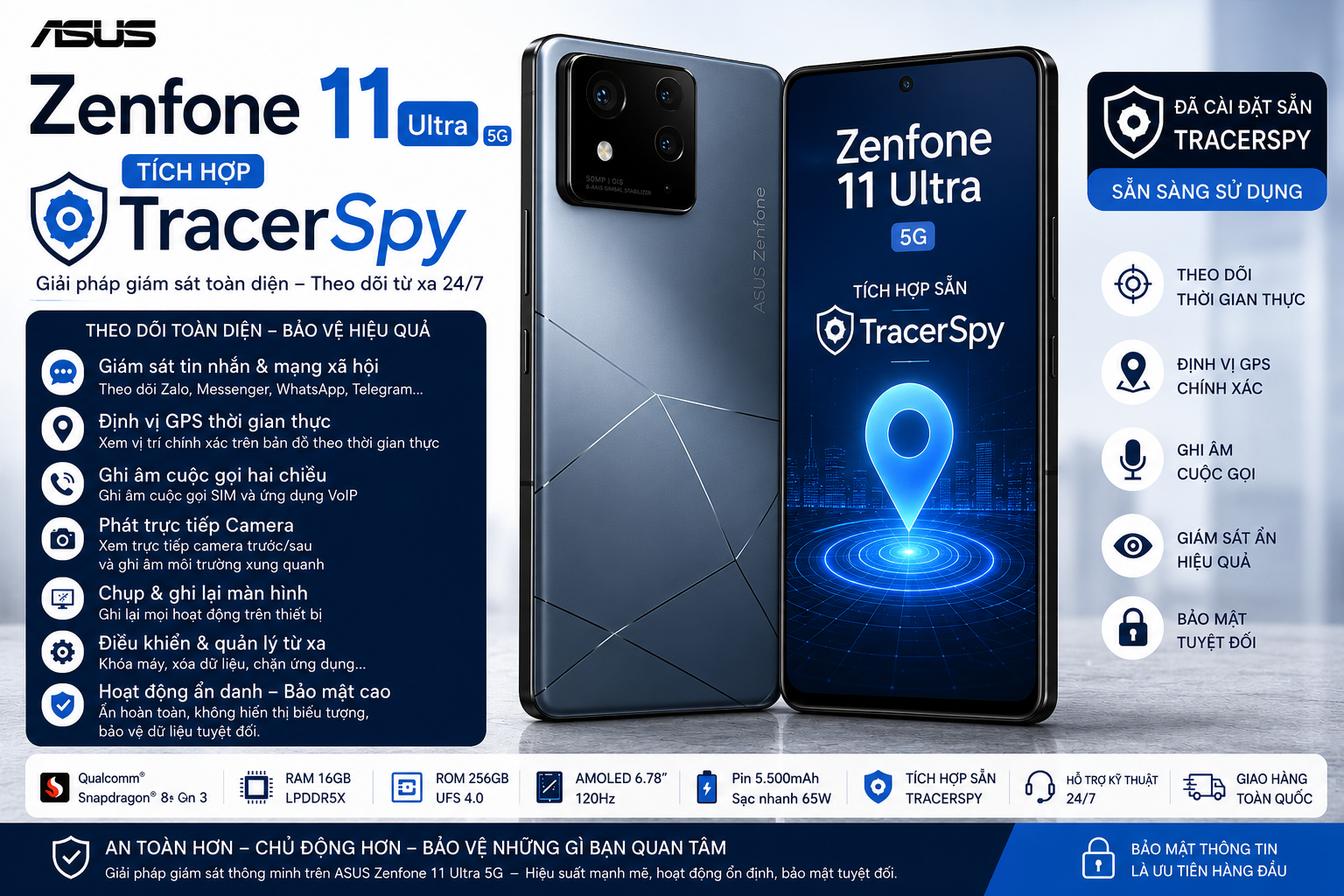 ASUS Zenfone 11 Ultra 5G tích hợp TracerSpy hỗ trợ theo dõi thời gian thực và định vị GPS