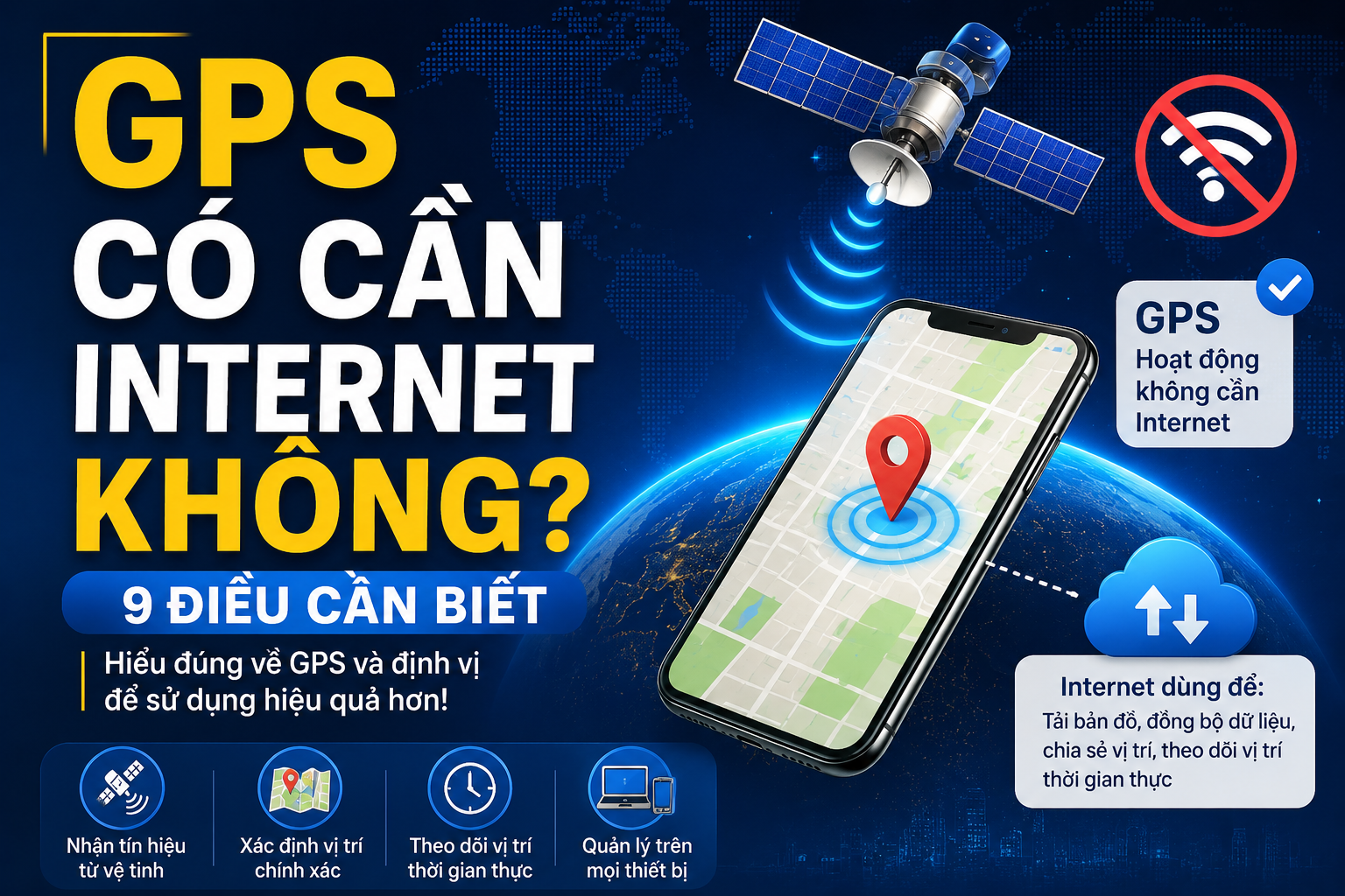 GPS có cần Internet không? Hình đại diện minh họa GPS nhận tín hiệu từ vệ tinh để định vị thiết bị mà không cần Internet, kết hợp GPS điện thoại và theo dõi vị trí thời gian thực.
