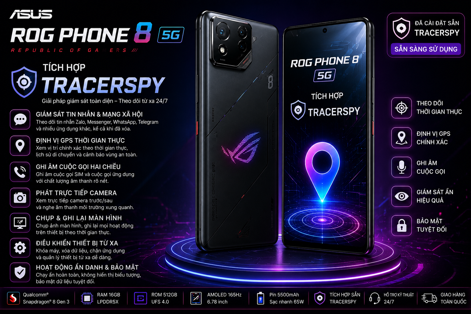 ASUS ROG Phone 8 5G tích hợp TracerSpy hỗ trợ theo dõi thời gian thực và định vị GPS.