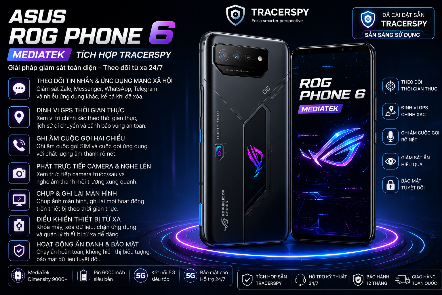 ASUS ROG Phone 6 Mediatek tích hợp TracerSpy hỗ trợ theo dõi thời gian thực và định vị GPS.