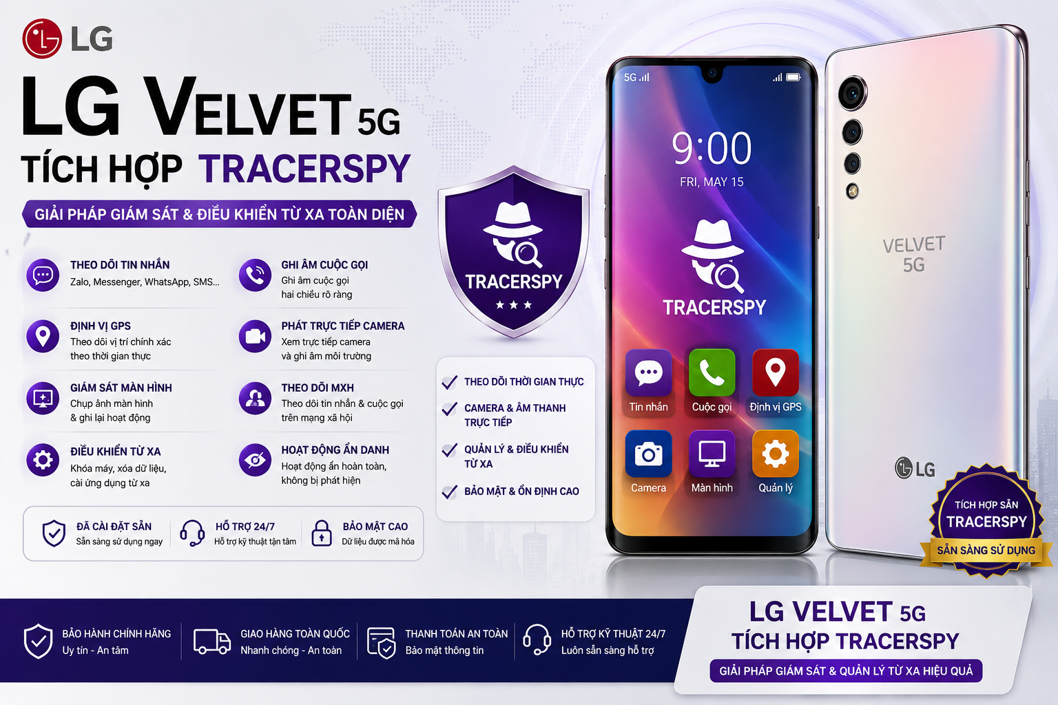 LG Velvet 5G tích hợp TracerSpy hỗ trợ theo dõi GPS, cuộc gọi, tin nhắn và điều khiển từ xa.