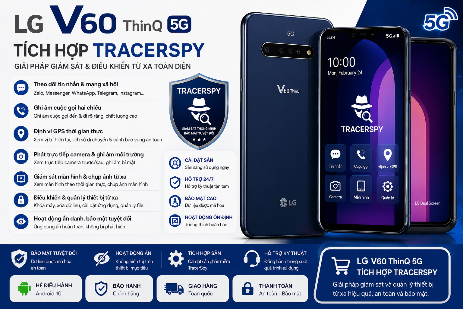 LG V60 ThinQ 5G tích hợp TracerSpy hỗ trợ theo dõi GPS, cuộc gọi, tin nhắn và điều khiển từ xa.
