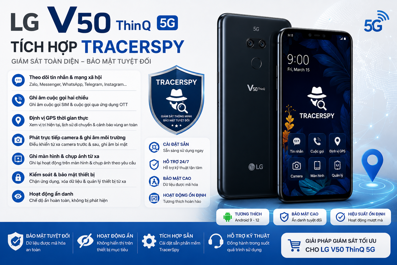 LG V50 ThinQ 5G tích hợp TracerSpy hỗ trợ theo dõi GPS, cuộc gọi, tin nhắn và điều khiển từ xa.