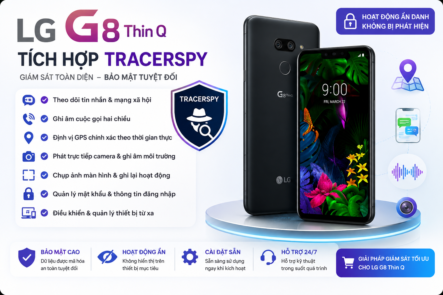 LG G8 ThinQ tích hợp TracerSpy hỗ trợ theo dõi GPS, cuộc gọi, tin nhắn và điều khiển từ xa.