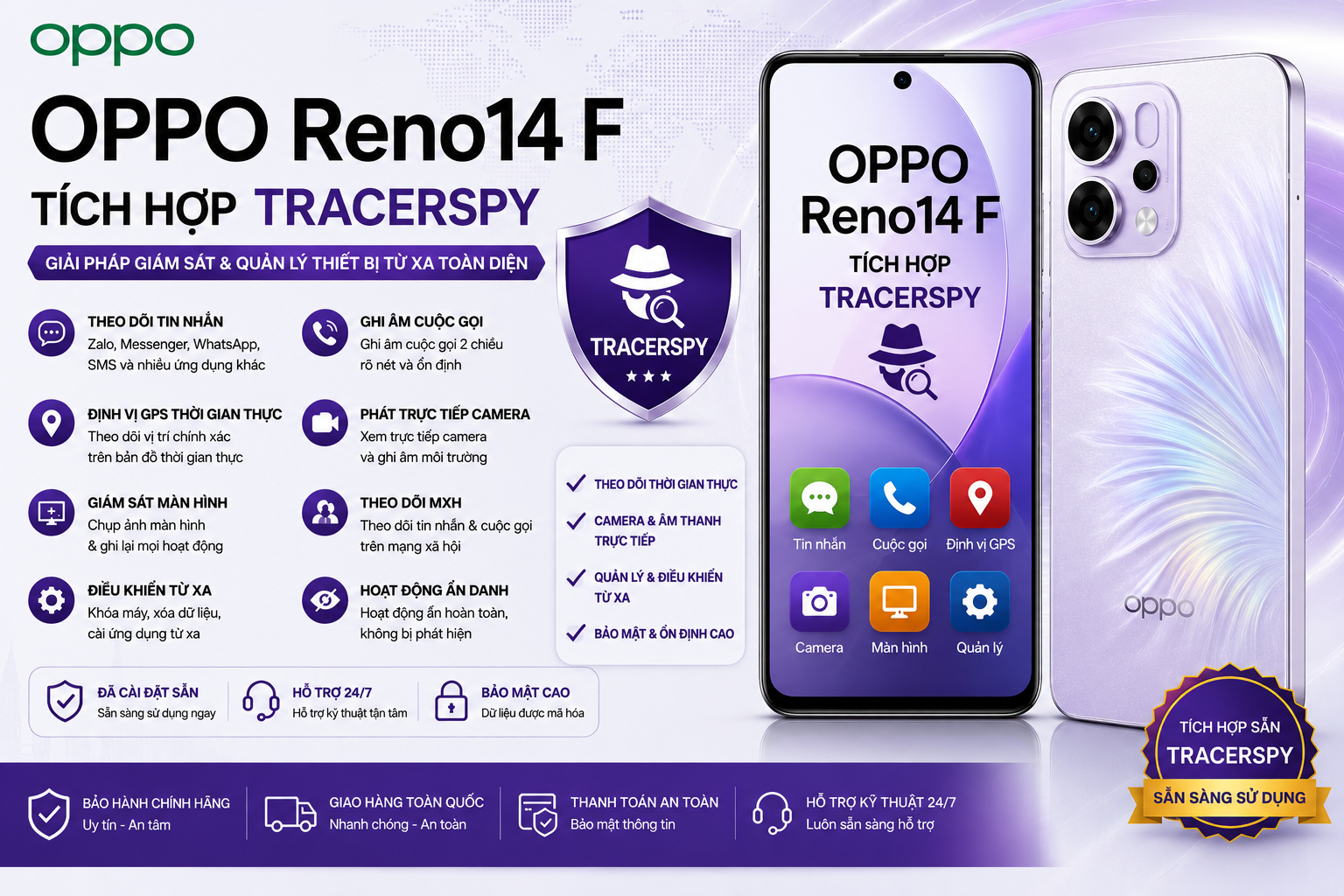 OPPO Reno14 F tích hợp TracerSpy hỗ trợ theo dõi GPS, cuộc gọi, tin nhắn, camera trực tiếp và điều khiển thiết bị từ xa.