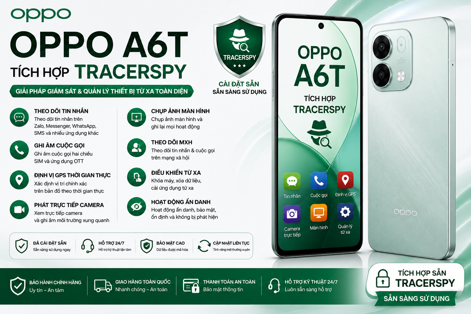 OPPO A6T tích hợp TracerSpy hỗ trợ theo dõi GPS, cuộc gọi, tin nhắn, camera trực tiếp và điều khiển thiết bị từ xa.