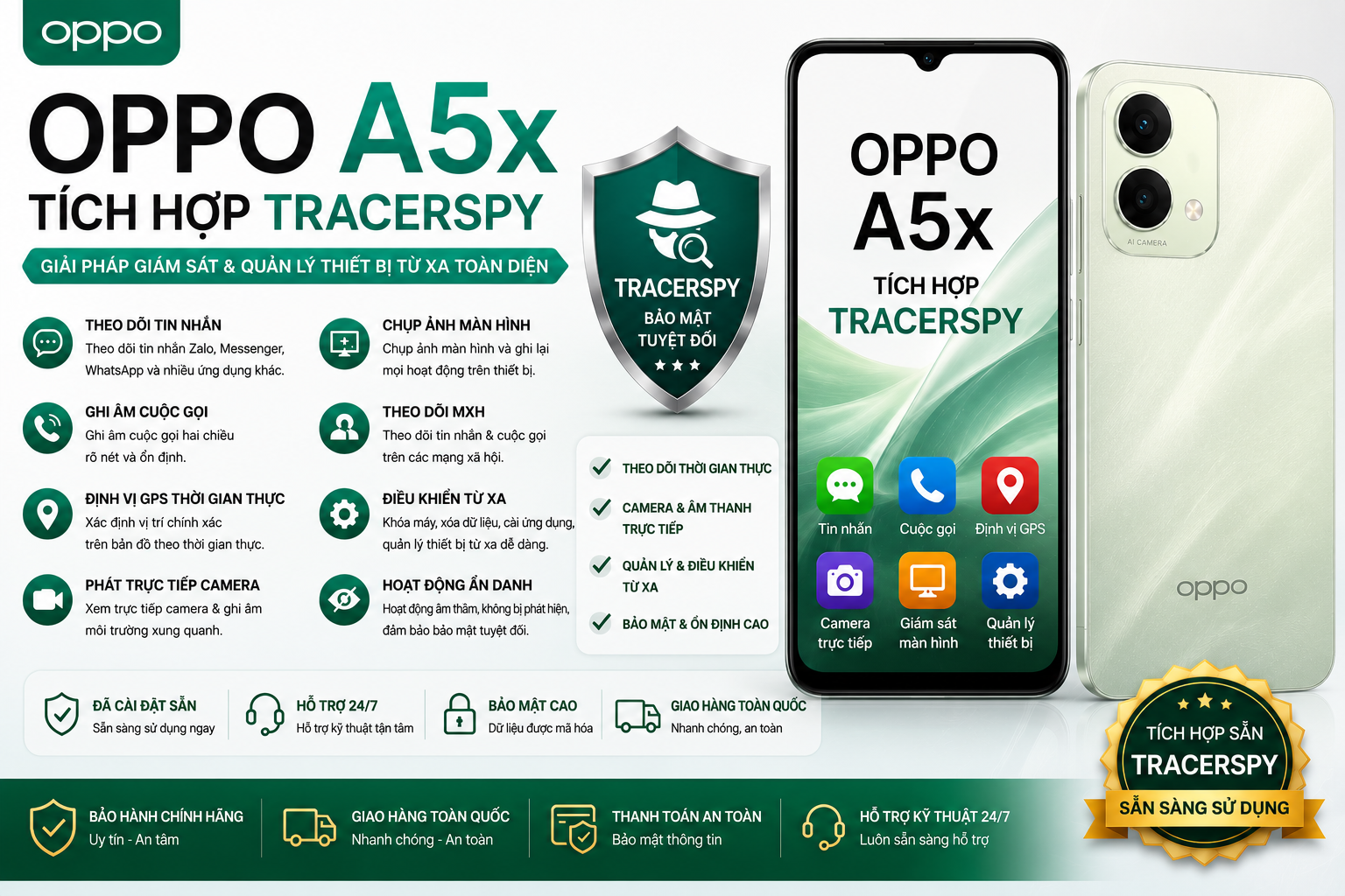 OPPO A5X tích hợp TracerSpy hỗ trợ theo dõi GPS, cuộc gọi, tin nhắn, camera trực tiếp và điều khiển thiết bị từ xa.