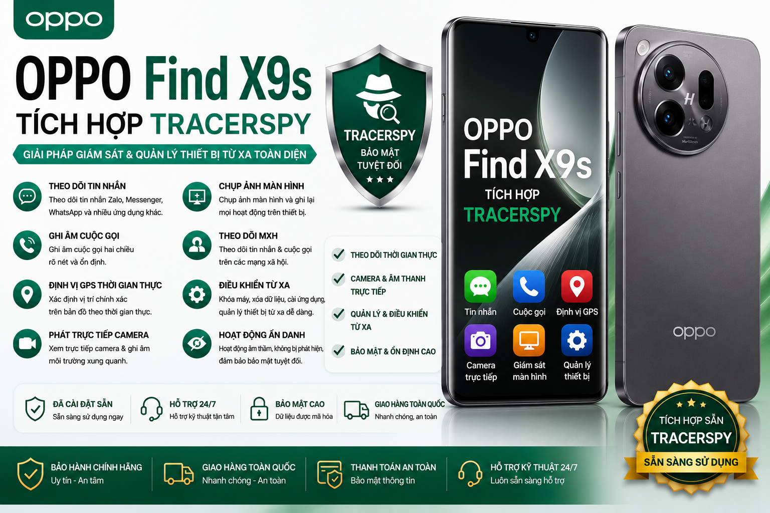 OPPO Find X9s tích hợp TracerSpy hỗ trợ theo dõi GPS, cuộc gọi, tin nhắn, camera trực tiếp và điều khiển thiết bị từ xa.