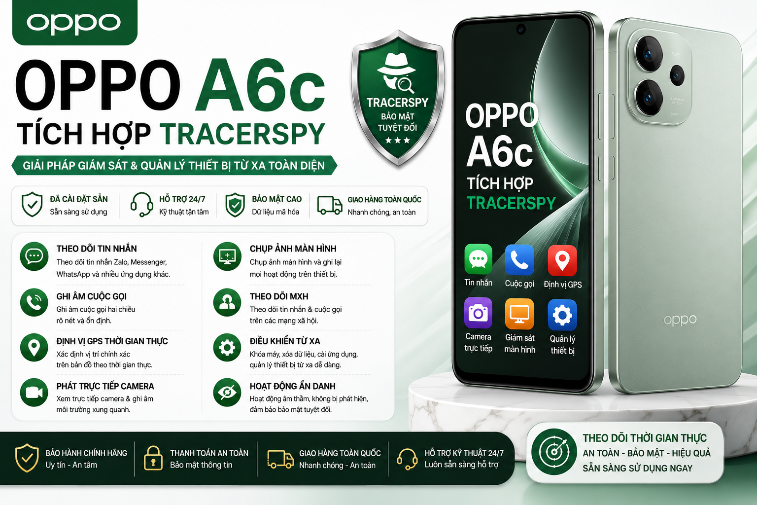 OPPO A6c tích hợp TracerSpy hỗ trợ theo dõi GPS, cuộc gọi, tin nhắn, camera trực tiếp và điều khiển thiết bị từ xa.