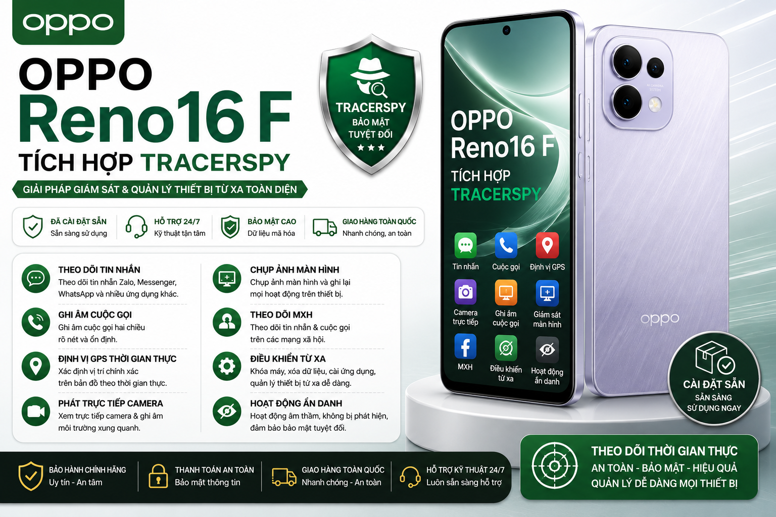 OPPO Reno16 F tích hợp TracerSpy hỗ trợ theo dõi GPS, cuộc gọi, tin nhắn, camera trực tiếp và điều khiển thiết bị từ xa.