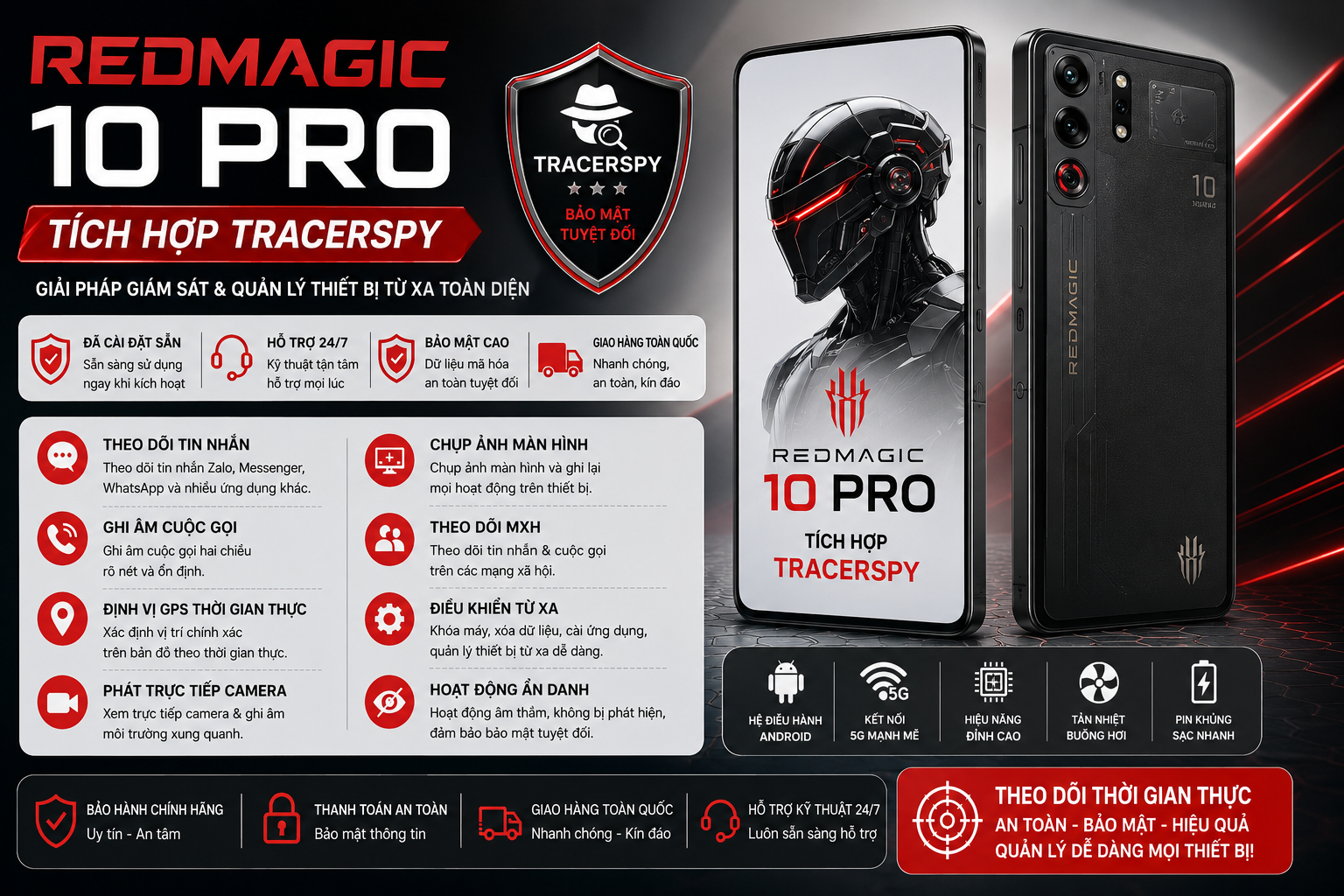 REDMAGIC 10 PRO tích hợp TracerSpy hỗ trợ theo dõi GPS, cuộc gọi, tin nhắn, camera trực tiếp và điều khiển thiết bị từ xa.