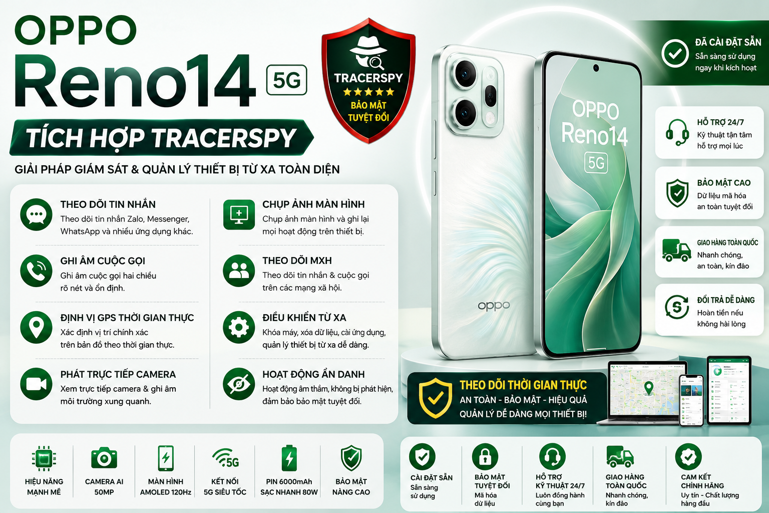 OPPO Reno14 tích hợp TracerSpy hỗ trợ theo dõi GPS, cuộc gọi, tin nhắn, camera trực tiếp và điều khiển thiết bị từ xa.