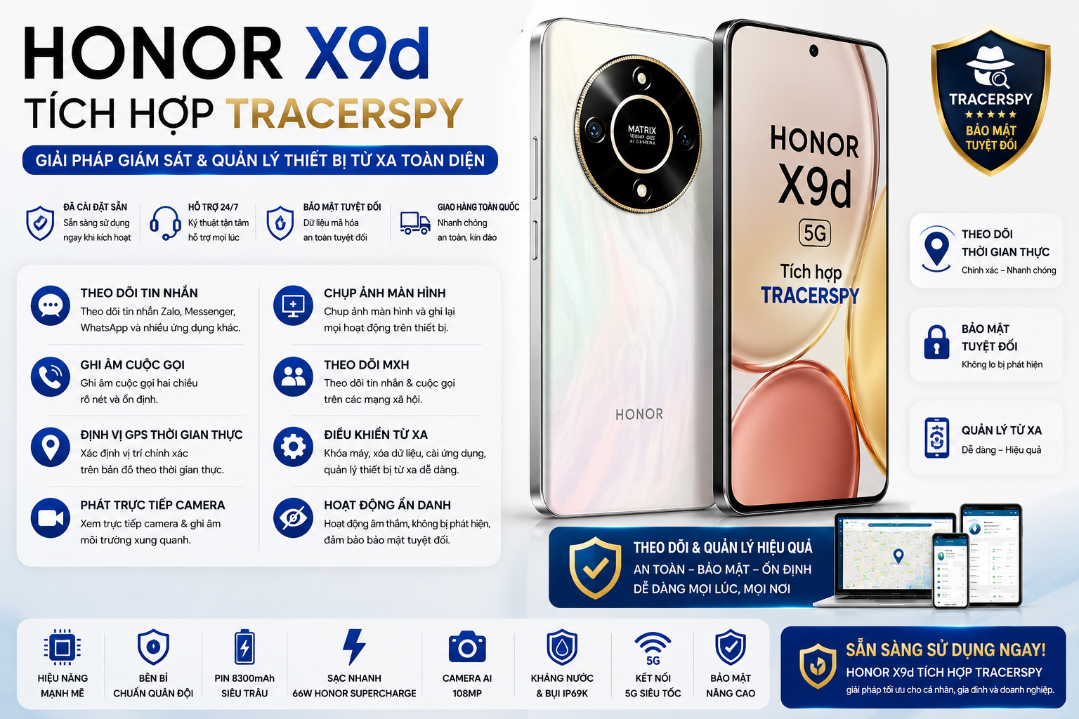 HONOR X9d tích hợp TracerSpy hỗ trợ theo dõi GPS, cuộc gọi, tin nhắn, camera trực tiếp và điều khiển thiết bị từ xa.