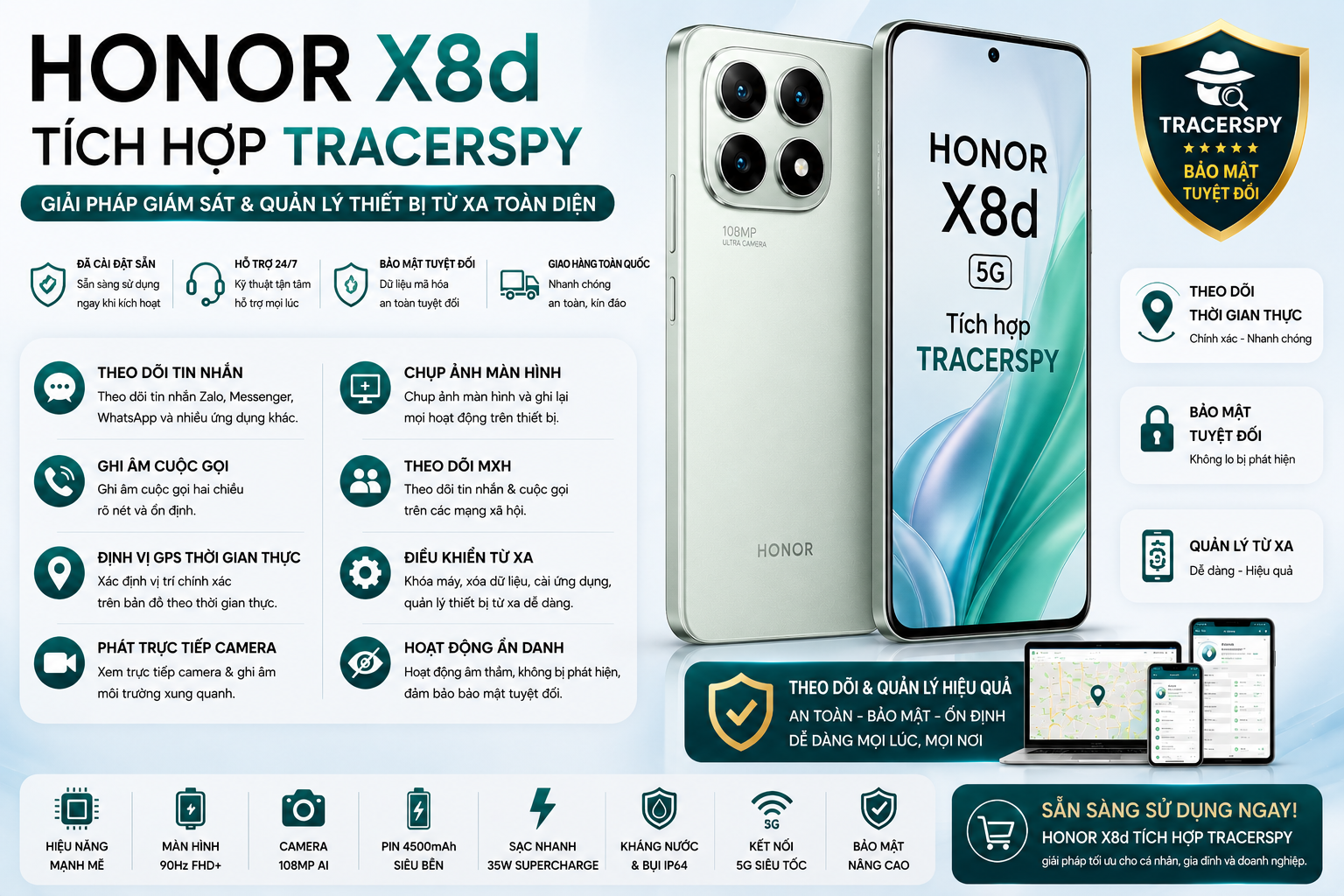 HONOR X8d tích hợp TracerSpy hỗ trợ theo dõi GPS, cuộc gọi, tin nhắn, camera trực tiếp và điều khiển thiết bị từ xa.