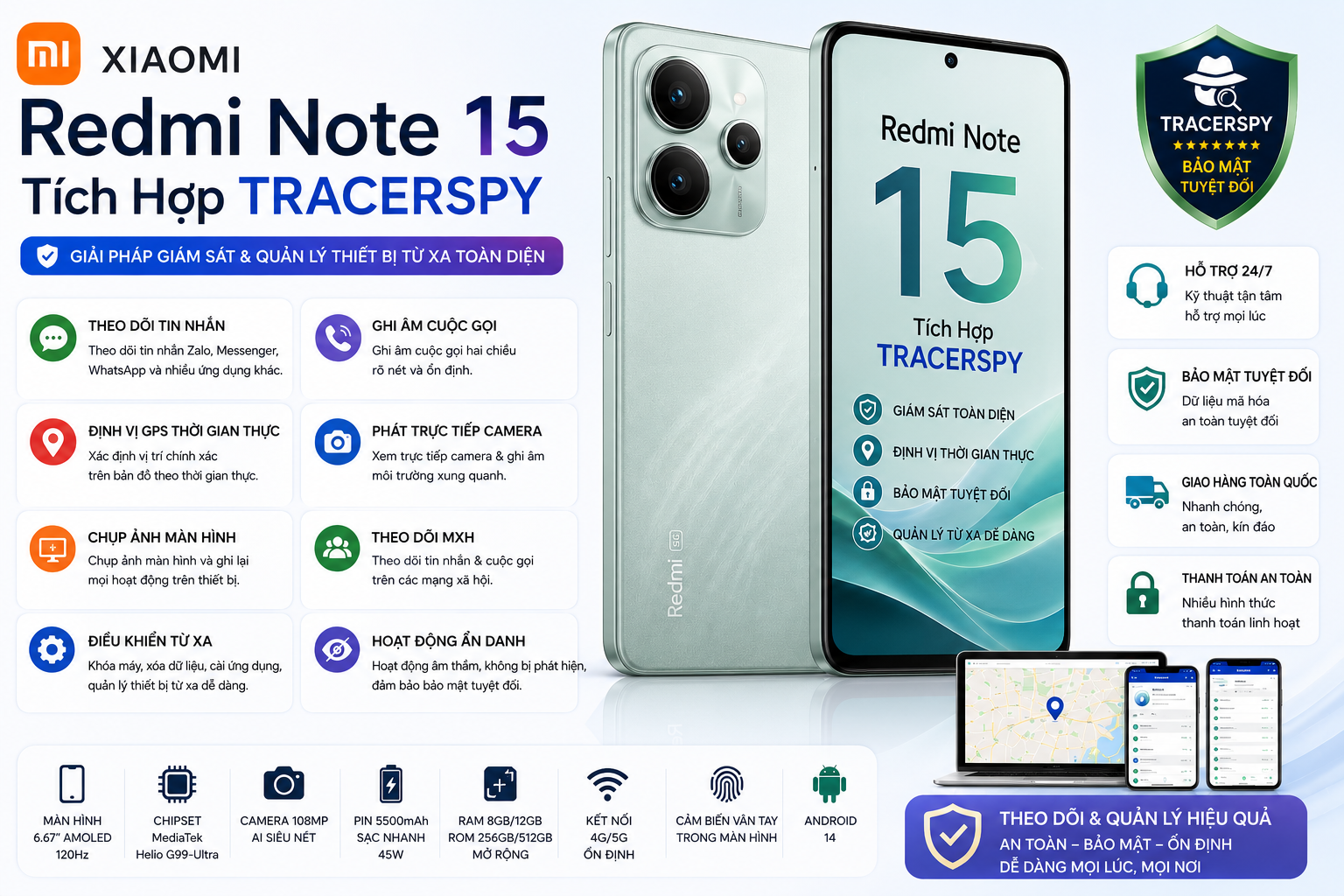 : Xiaomi Redmi Note 15 tích hợp TracerSpy hỗ trợ theo dõi GPS, cuộc gọi, tin nhắn, camera trực tiếp và điều khiển thiết bị từ xa.