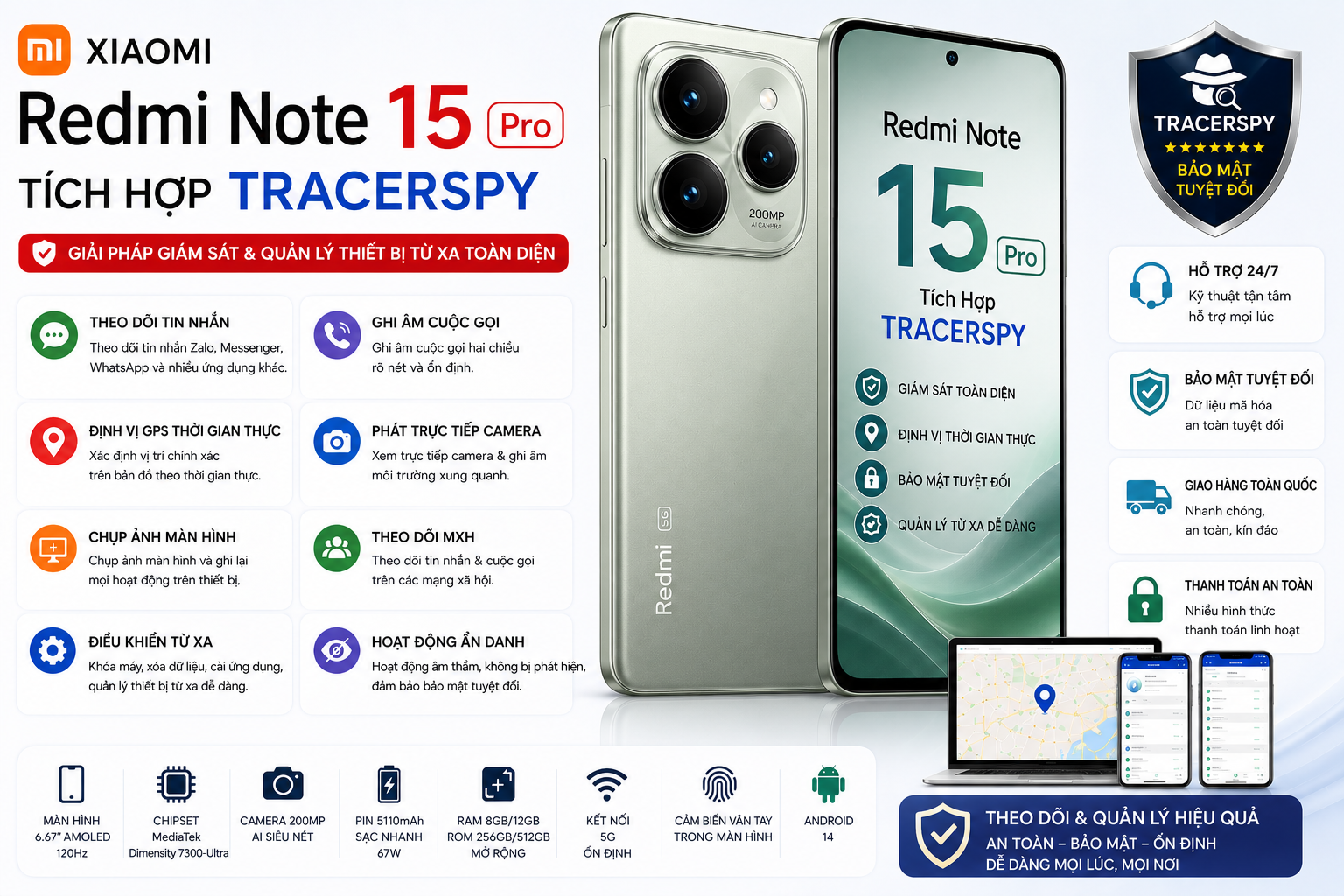 Redmi Note 15 Pro tích hợp TracerSpy hỗ trợ theo dõi GPS, cuộc gọi, tin nhắn, camera trực tiếp và điều khiển thiết bị từ xa.
